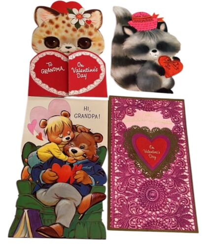 Vtg MCM Grandparents Valentines Day Cards~Kitty~Raccoon+~American Greetings+