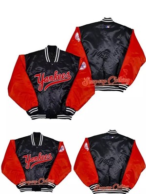 MLB NY Yankees Men s Red & Black Satin Bomber Letterman Varsity Jacket