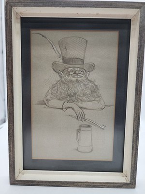 Werner Wildner Original Graphite On Paper Drinking Leprechaun With Duidin Pipe