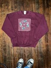 VTG JERZEES Cotton Burgundy Floral Crew Neck Men's XL Pullover Sweatshirt