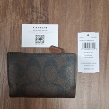 Coach Brown/Redwood Signature Canvas  Leather Card Holder Wallet