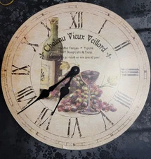 Wall Clock, Ivory French Country Wine Bottle & Grapes 13"x13"