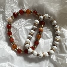 Beaded Stone Stretch Stackable Bracelets Set White Red Gold Round Multicolor