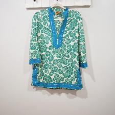Tory Burch Green Blue Printed Tunic Top Boho Resort Cover Up Size 6