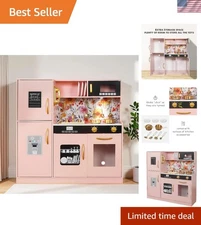 Wooden Play Kitchen Toy Set with Light, Kids Children Pretend Toy Kitchen Pla...