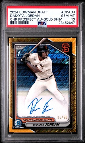 2024 Bowman Draft Dakota Jordan 1st Gold Shimmer Auto (RC) Giants PSA 10🔥🌶️