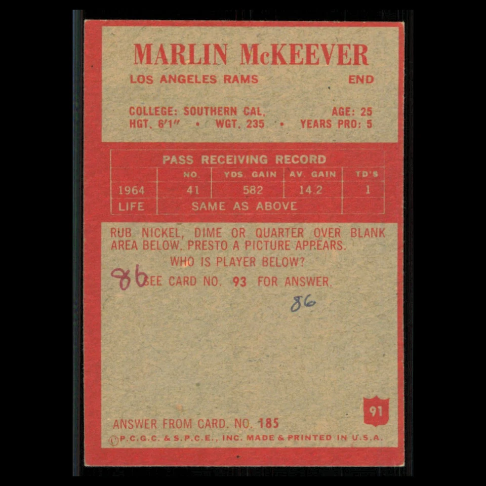 Marlin McKeever #91 1965 Philadelphia Los Angeles Rams Football Card NFL EX - Image 2 of 3