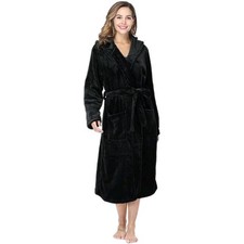 Rongtai Women's Black Fleece Hooded Bath Robe w/Belt  2 Front Pockets Size XXL