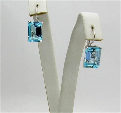 Boucles D'Oreilles Et Pendentif Or Blanc 18 KT Rectangles Topaze Bleue OBFR 010 - Photo 1/3