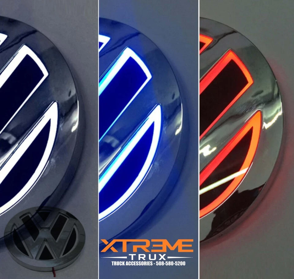 Chrome LED Emblem For Volkswagen VW Front Grille Rear Trunk 4.3" RED LED Light - Image 2 of 4