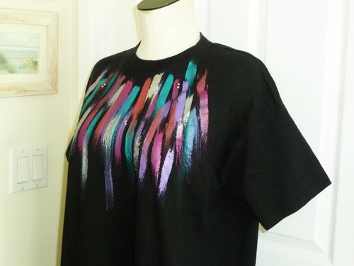 OOAK Vtg Art-to-Wear Hand-Painted Pearl Studs Black Cotton T-Shirt Dress OS 50"B - Picture 4 of 18