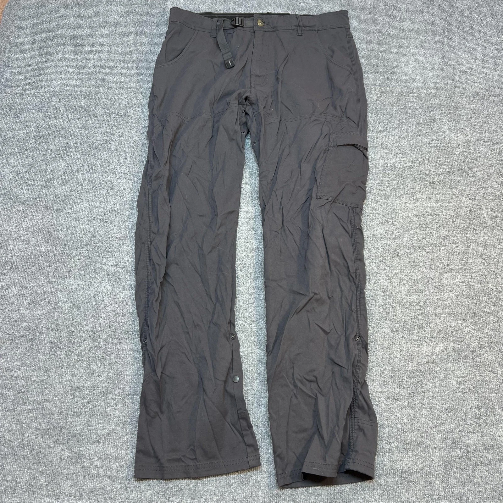 PrAna Cargo Pants Mens 34x32 Gray Nylon Relaxed Fit Adjustable Waist Outdoor