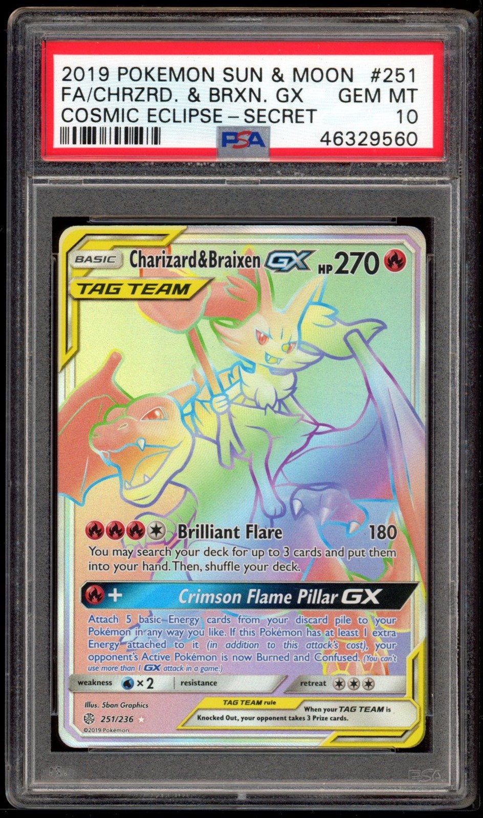 Charizard & Braixen Gx 251/236 PSA 10 Cosmic Eclipse Pokemon Card Game