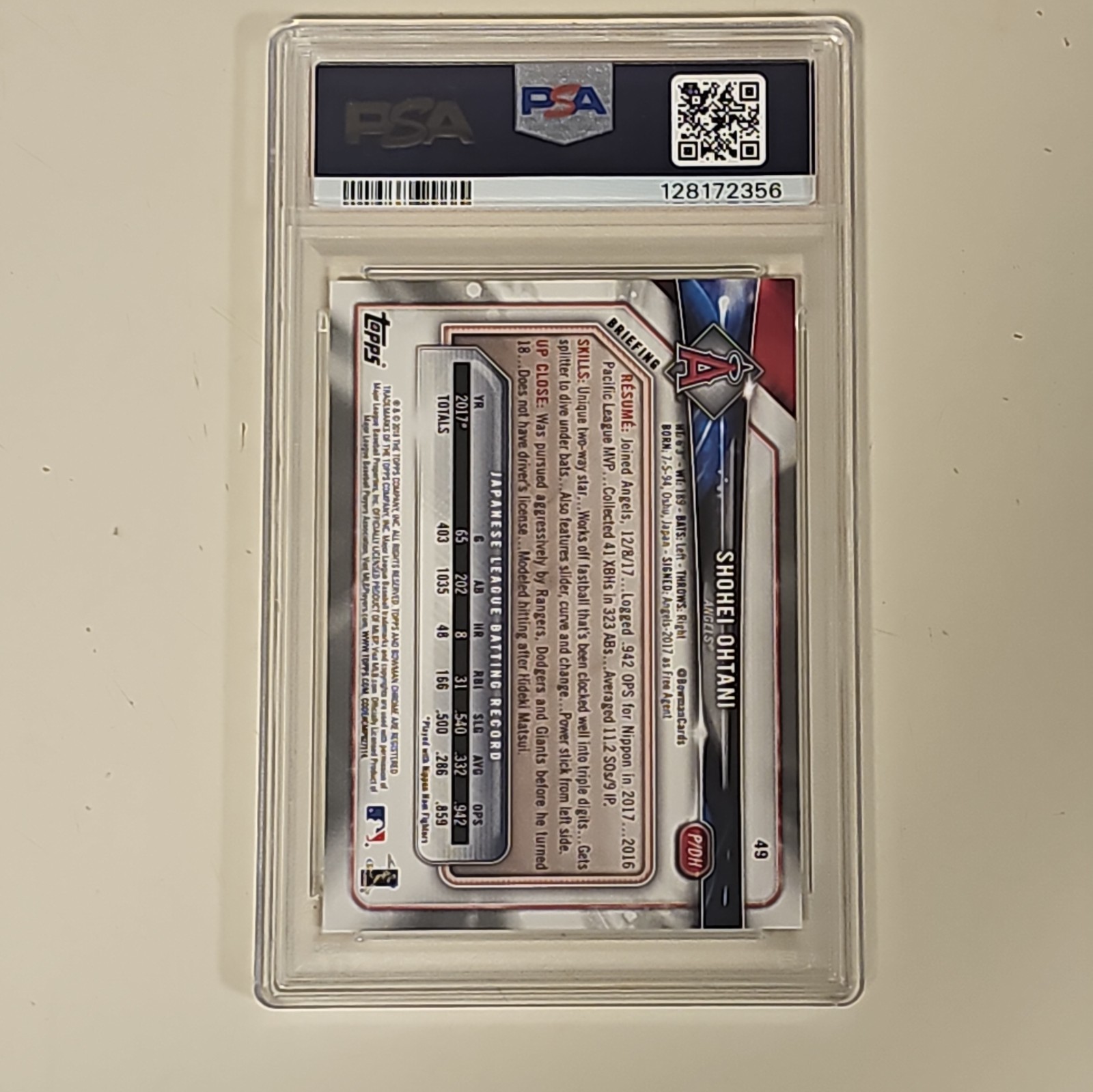 2018 Bowman Shohei Ohtani #49 Rookie Angels PSA 9 view 2