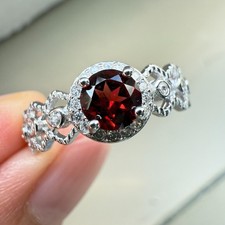 925 Sterling Silver Ring 5mm Red Natural Rhodolite Garnet Gemstone Zircon Women