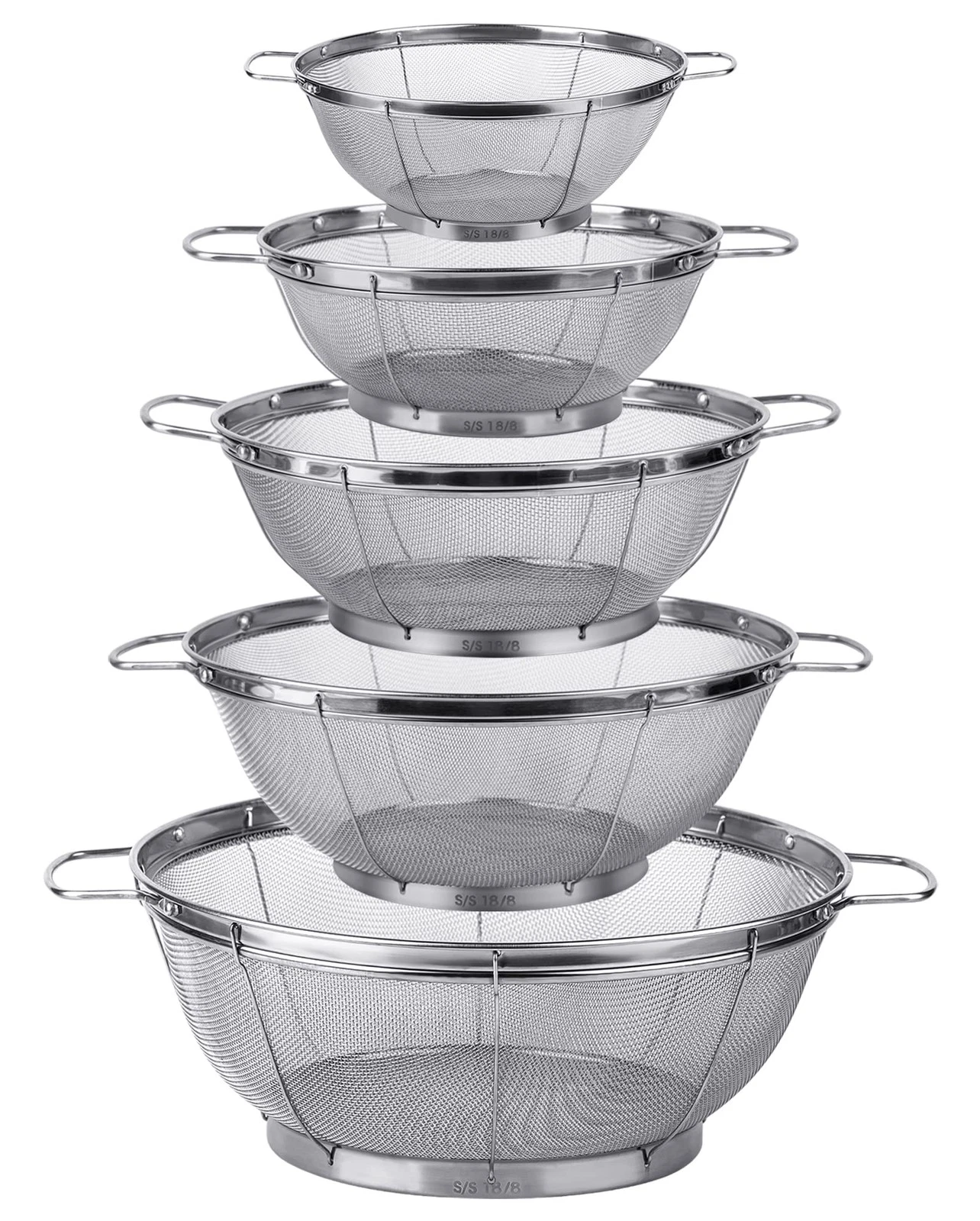 5 Pack 18/8 Stainless Steel Colander Sieves, Multi Size Mesh Strainer Net Bas...