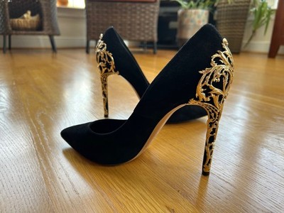 CASADEI Black Suede Pumps Metal Engraving Heels Size 6 IT 36 Very Good Condition