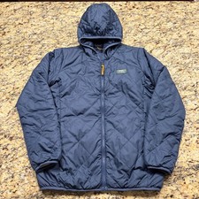 LL Bean Kids Reversible Quilted Fleece Hooded Jacket Navy Cream M 10-12 510850