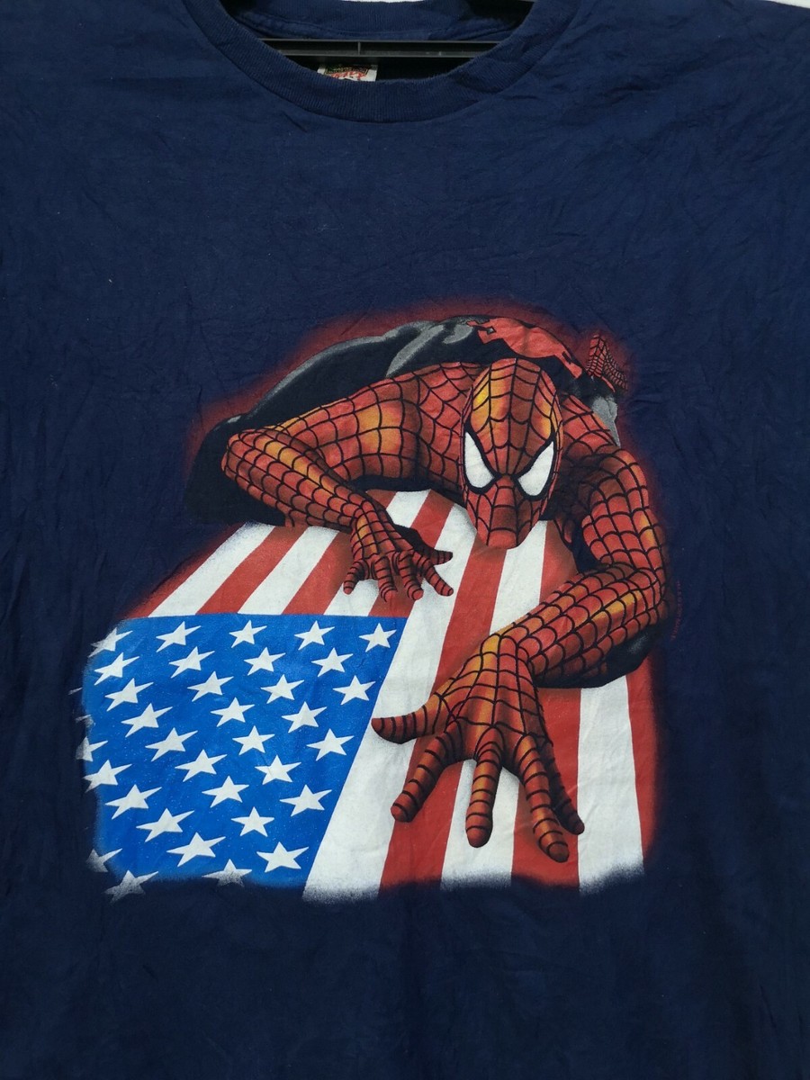 VTG Y2K USA FLAG CRAWLING SPIDERMAN 2001 MARVEL NAVY BLUE T VTG Y2K USA FLAG CRAWLING SPIDERMAN 2001 MARVEL NAVY BLUE T