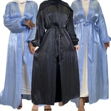 Muslim Women Dubai Satin Open Maxi Dress Abaya Cardigan Kimono Ramadan Eid Robe