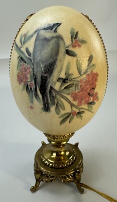 Vintage Cardinal And Blue Bird Ostrich Egg Lamp Working