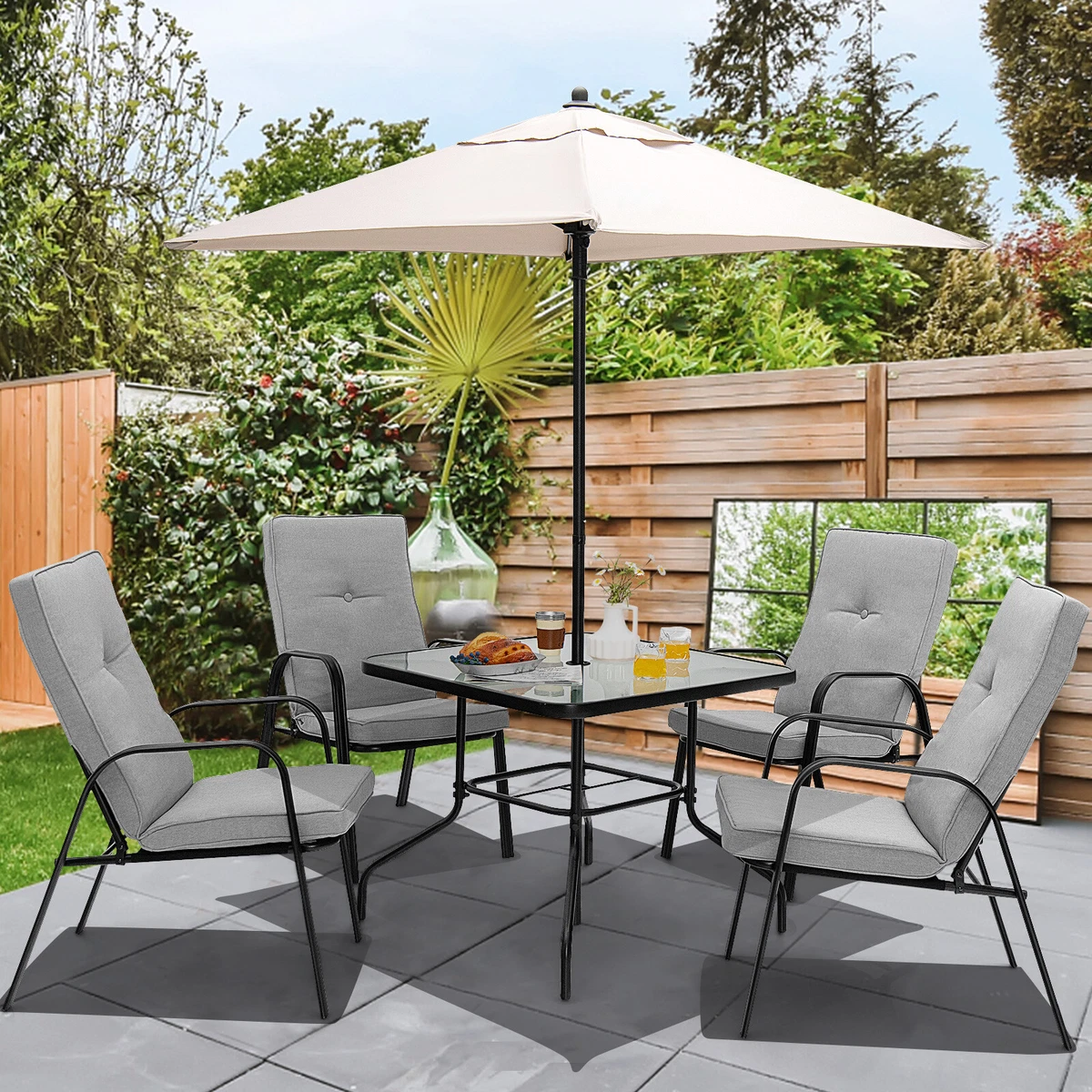 Glass table patio set with umbrella sales