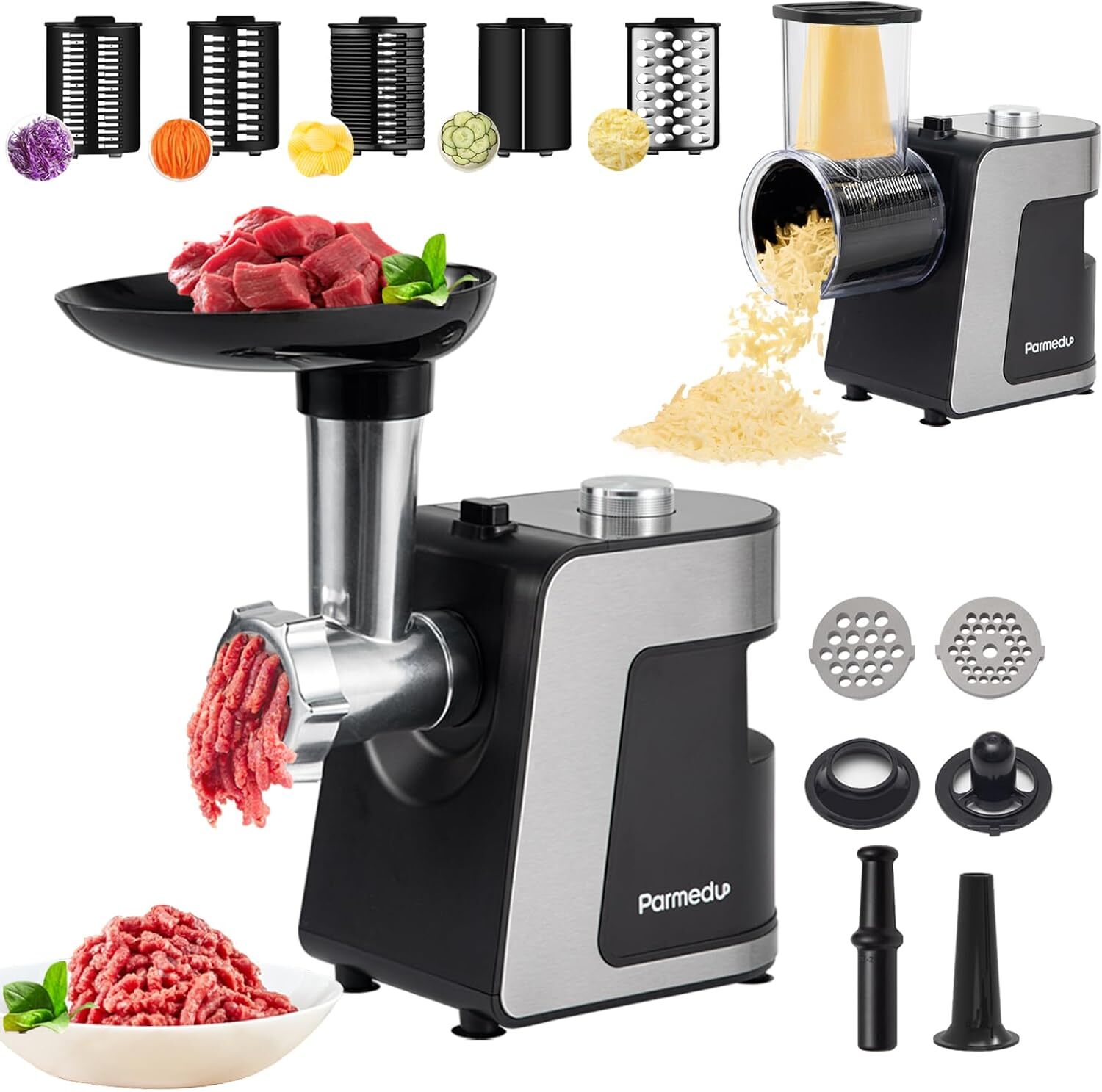 Powerful 2-in-1 Electric Cheese Grater Meat Grinder & Vegetable Slicer