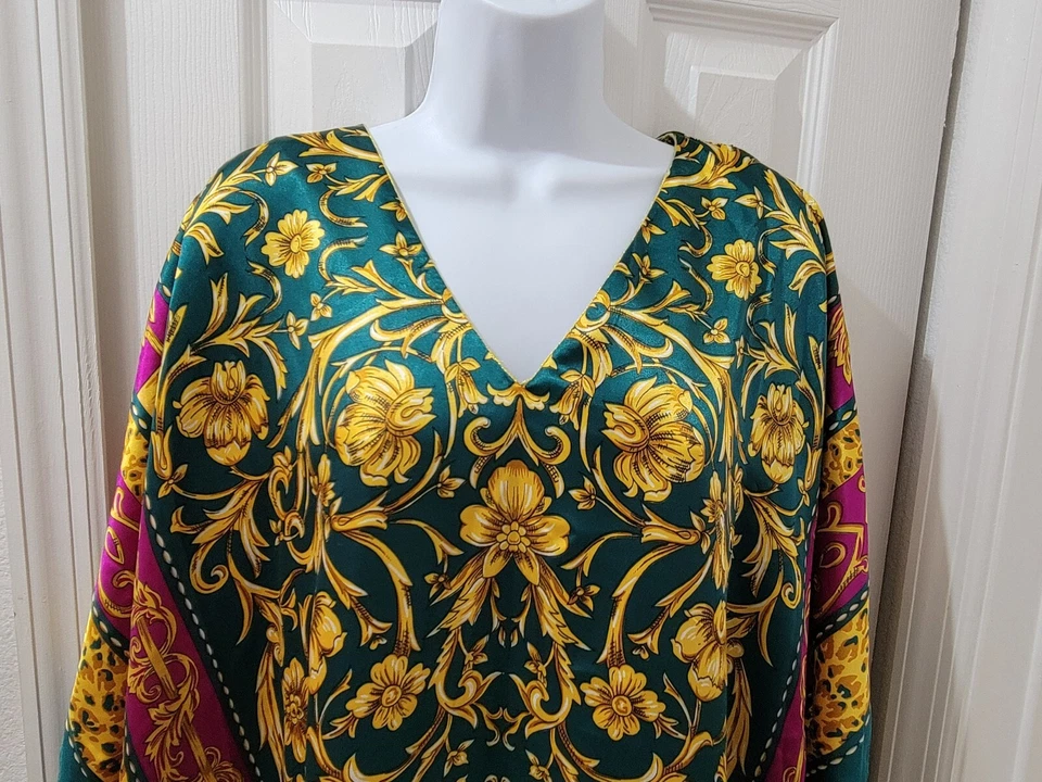 Winlar satinado caftán cachemira floral rojo dorado para mujer talla única Foto 4 de 4