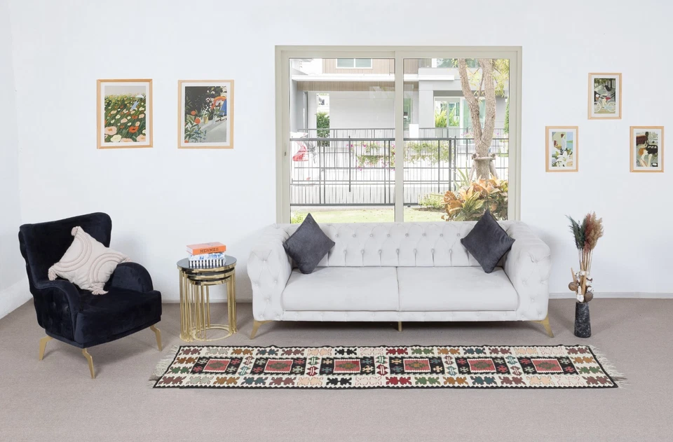 2.2x9.5 Ft Colorful Flat-Weave Narrow Runner Kilim, Handmade Turkish Hallway Rug - Image 2 of 4