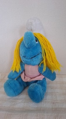 Vintage 1980 Smurfette Plush Schleich Korea Blue Doll Pink Dress White Hat Retro
