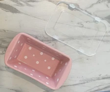 Temptations Pink Polka Dot Mini Loaf Pan Ovenware Dish 12 Oz With Lid & Box READ