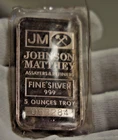 Vintage JM Johnson Mathey 5 oz .999 Silver Bar in Plastic