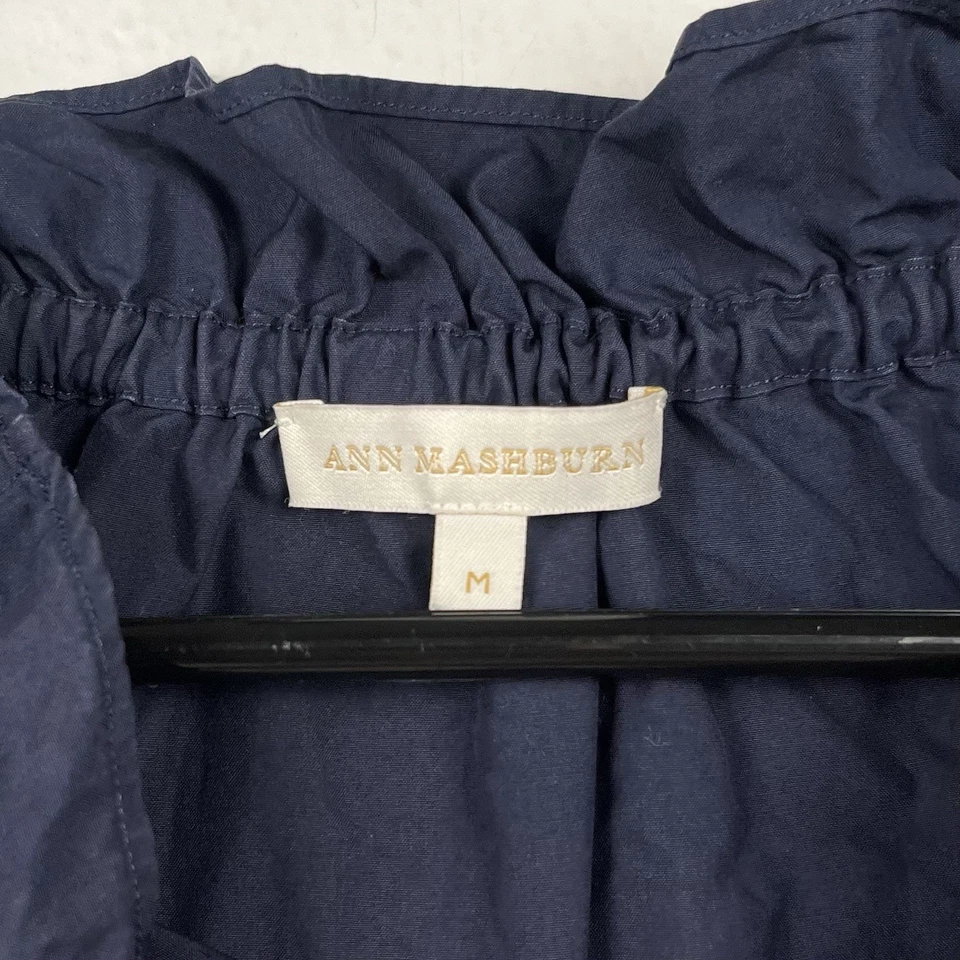 Blusa Top Ann Mashburn Mediana Azul Marino Algodón Volantes Cuello Alto Manga Larga Foto 4 de 4