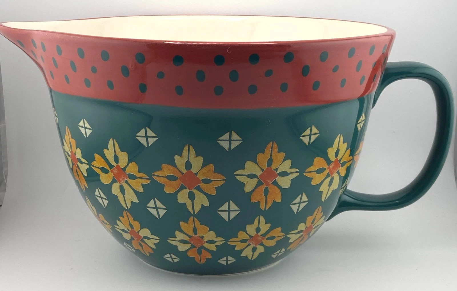 Pioneer Woman Vintage Geo Ceramic Stoneware Batter Mixing Bowl w/Handle - EC
