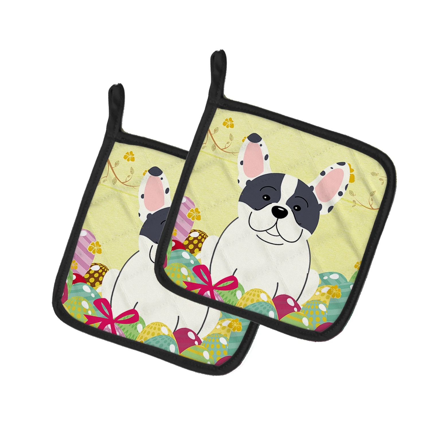 Easter Eggs French Bulldog Piebald Pair of Potholders