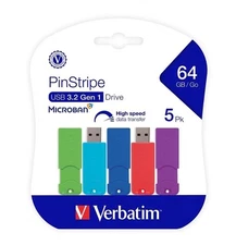 Verbatim PinStripe 64GB USB 3.2 Type-A Flash Drive Assorted Colors 5/Pack