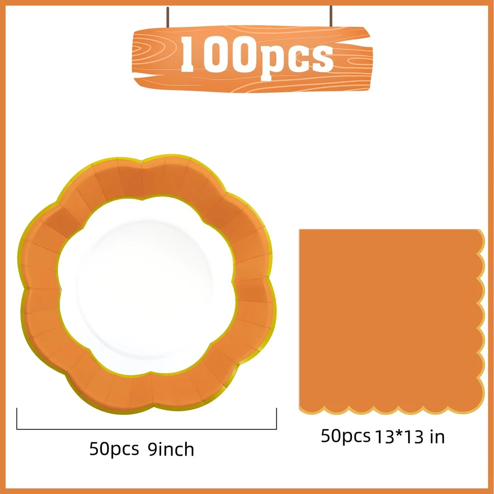 Platos y servilletas naranjas 100 un. suministros de fiesta platos de papel de otoño para cumpleaños... Foto 2 de 4