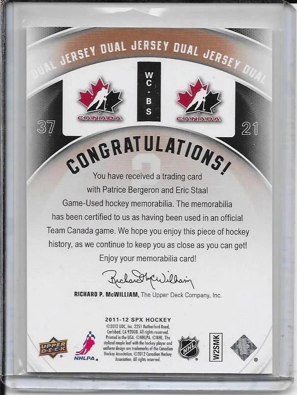 2011-12 SPx Patrice Bergeron/Eric Staal Winning Combos Dual Jersey # WC-BS - Image 2 of 2