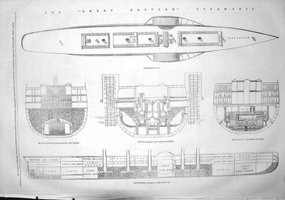 Original alter antiker Druck 1857 Großer Ostdampfschiff Plan Kohlebunker 19.