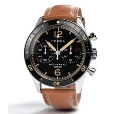 HEMEL Air Defense Cronografo Meccanico Acciaio Marrone Pelle Nero Orologio Uomo