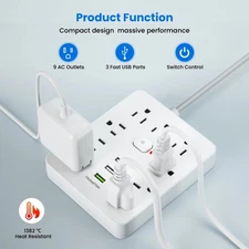 TRANSTON Power Strip Surge Protector  9 Outlets, 3 USB Ports, 5ft Extension Cord