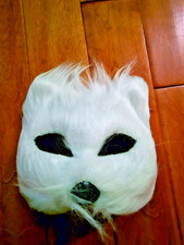 Halloween Mask Faux Fur White Cat or Dog NOS Plastic Base Elastic