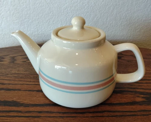Vintage McCoy Pottery Cream With Pink & Blue Stripes Coffee / Tea Pot With Lid