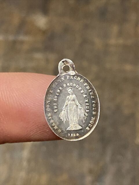 Ancien Pendentif Médaille En Argent Massif Religieuse Vierge