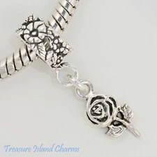 Rose June Birth Flower 925 Sterling Silver European Dangle Bead Charm Euro