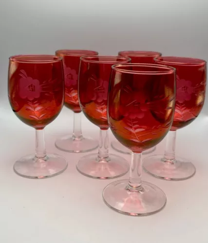 6 Czech Bohemian 5.5" Wine Glasses Cranberry Stemmed Glassware Etched With Roses
