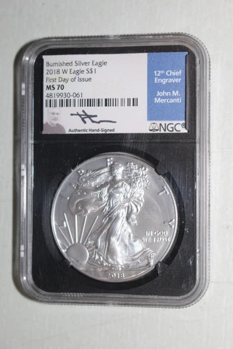 2018-W Burnished Silver Eagle NGC MS 70 Mercanti Engraver Series MS70