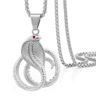 Tioneer Cobra Snake Steel Pendant with CZ 24 inch Box Chain