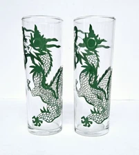 Tom Collins Green Dragon Tall Highball Glasses Cocktail Barware 7" Vtg Set of 2