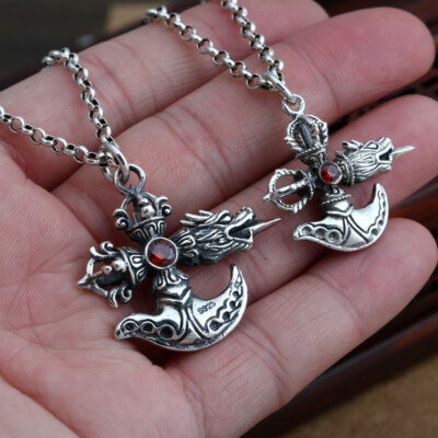 925 Sterling Silver Tibetan Buddhism Prayer VAJRA Pendant Red Gem Kartika Amulet